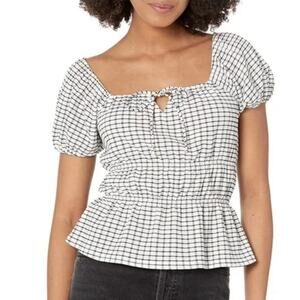 NEW Madewell Size Large Omaha White Black Gingham Tiered Puff Sleeve Shirt